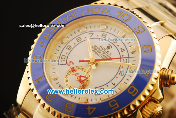 Rolex Yachtmaster II Oyster Perpetual Swiss ETA 2813 Automatic Full Gold with Blue Bezel and White Dial - Click Image to Close